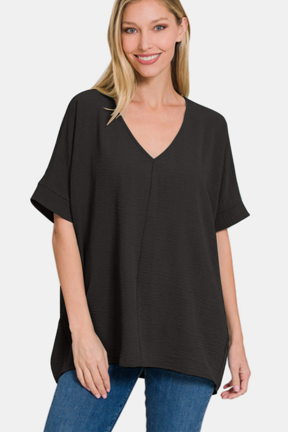 Classic Black V-Neck Short Sleeve Top