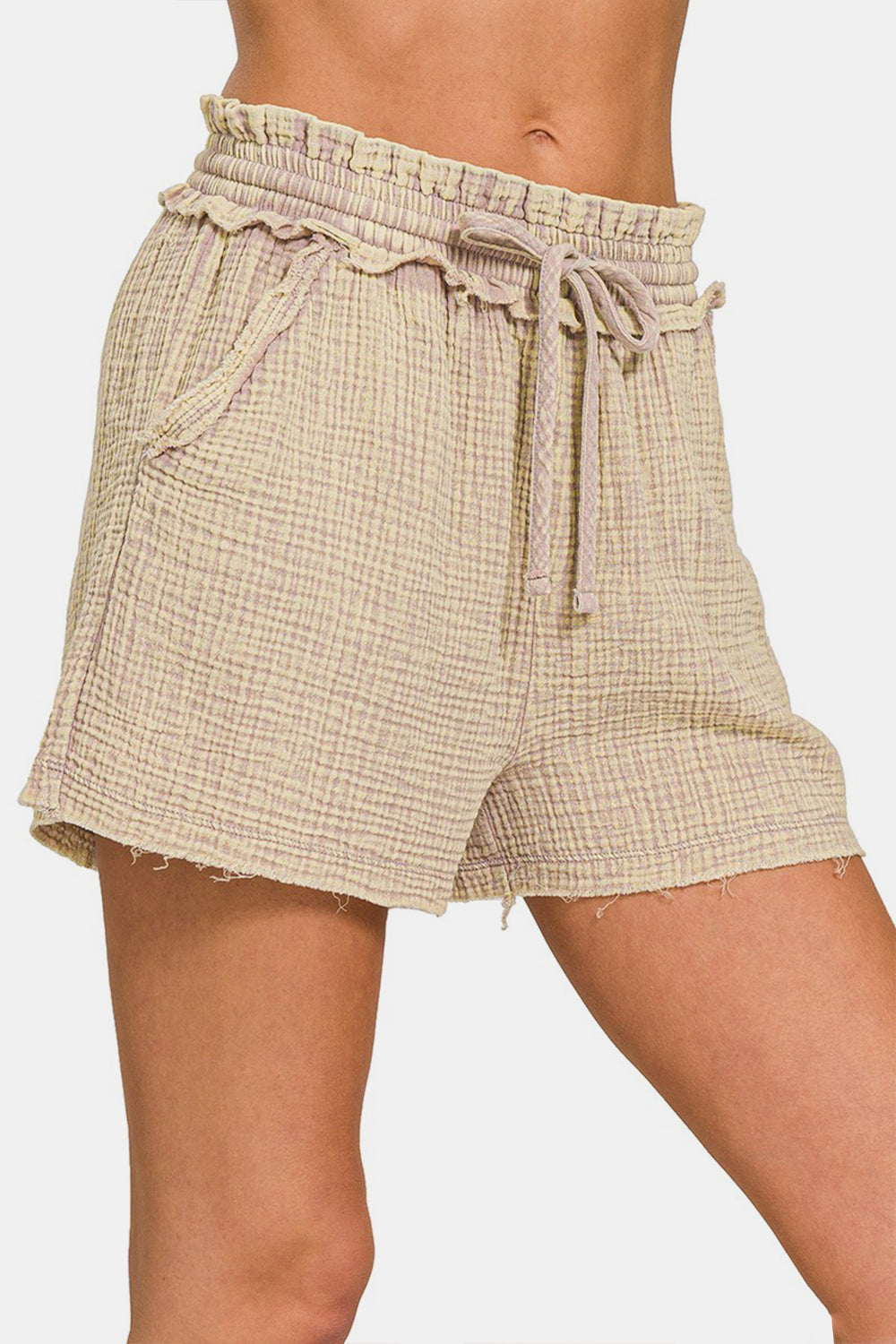 Gauze Washed Frayed Hem Drawstring Shorts