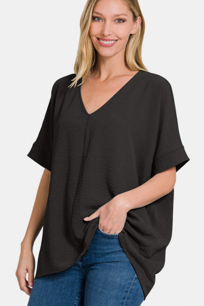 Classic Black V-Neck Short Sleeve Top