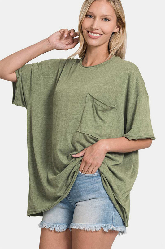 Olive Green Drop Shoulder Oversized Front Pocket T-Shirt