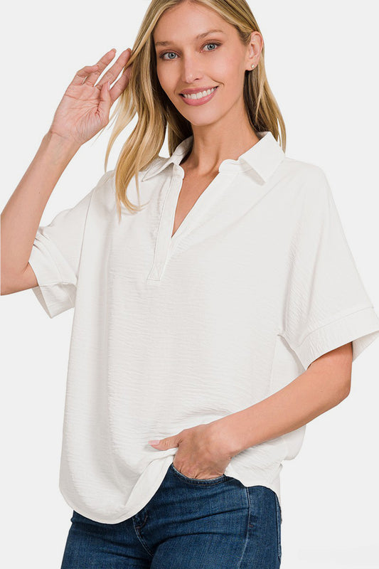 Textured Collared Neck Short Sleeve Top