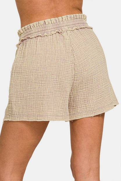 Gauze Washed Frayed Hem Drawstring Shorts