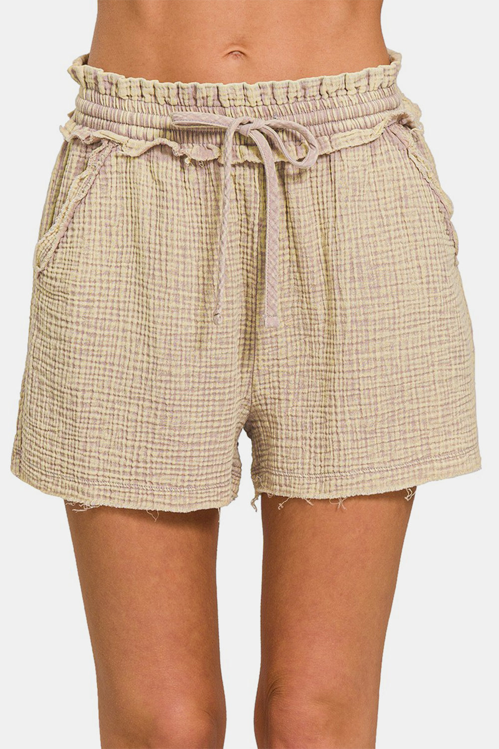 Gauze Washed Frayed Hem Drawstring Shorts