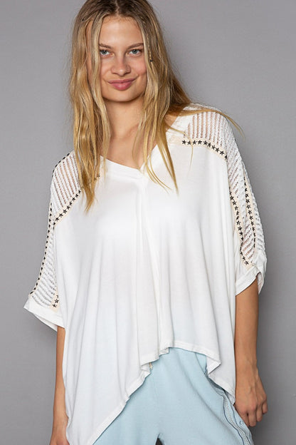 Oversize V-Neck Crochet Lace Contrast Studded Top