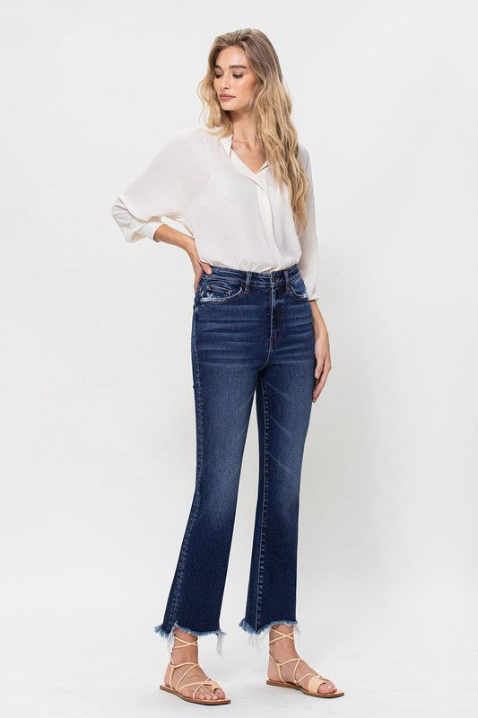 High Rise Distressed Hem Kick Flare Jeans